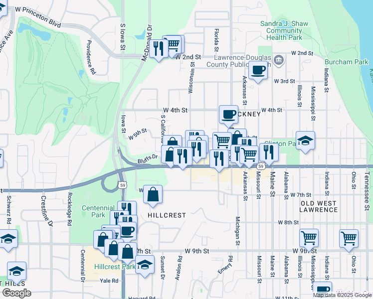 map of restaurants, bars, coffee shops, grocery stores, and more near 512 Wisconsin Street in Lawrence