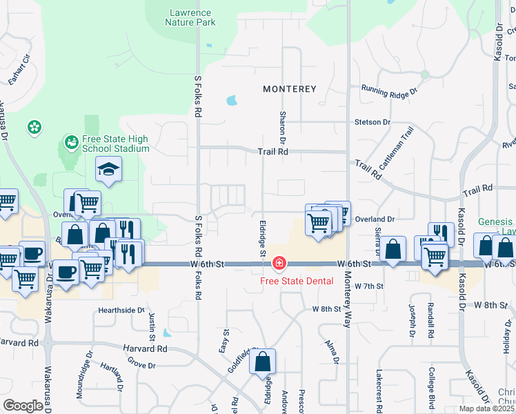 map of restaurants, bars, coffee shops, grocery stores, and more near 448 Eldridge Street in Lawrence