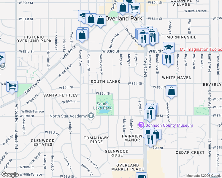 map of restaurants, bars, coffee shops, grocery stores, and more near 8458 Foster Street in Overland Park