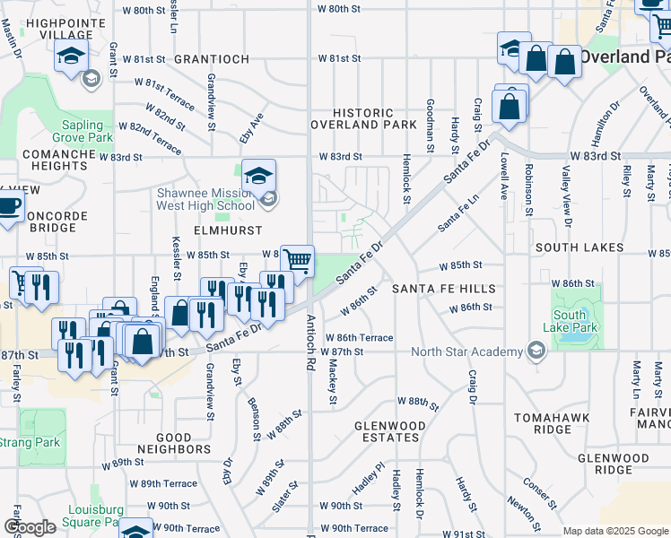 map of restaurants, bars, coffee shops, grocery stores, and more near 8500 Santa Fe Drive in Overland Park