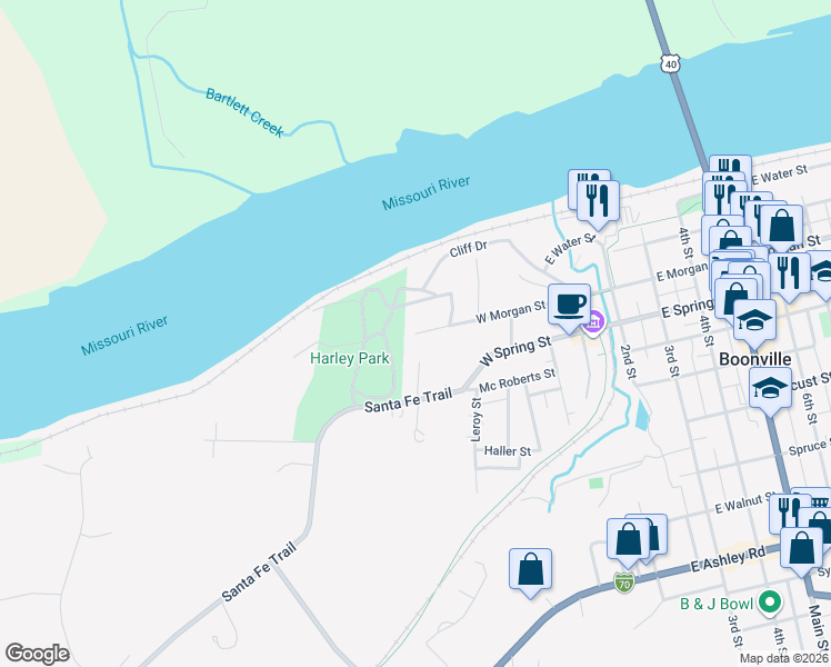 map of restaurants, bars, coffee shops, grocery stores, and more near 521 Park Ave in Boonville