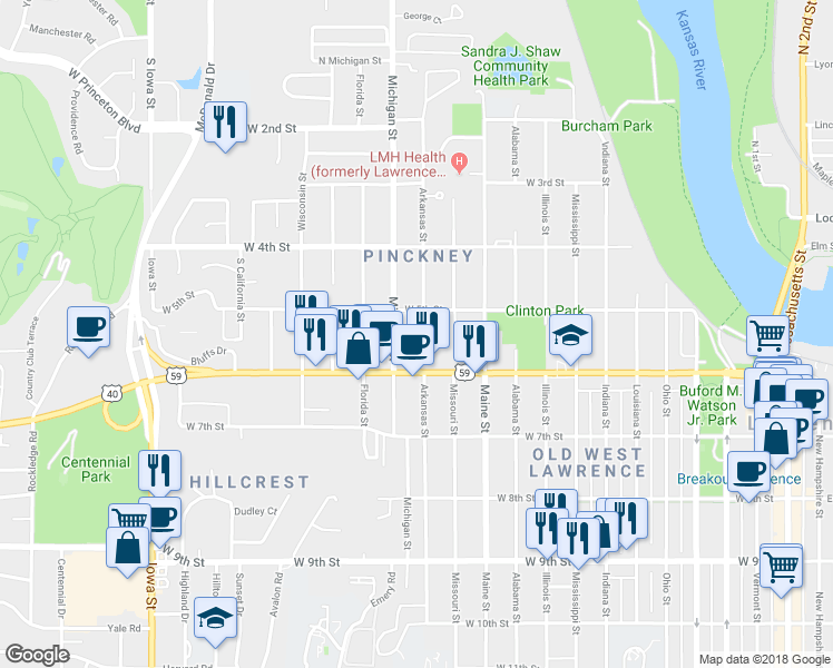 map of restaurants, bars, coffee shops, grocery stores, and more near 532 Michigan Street in Lawrence