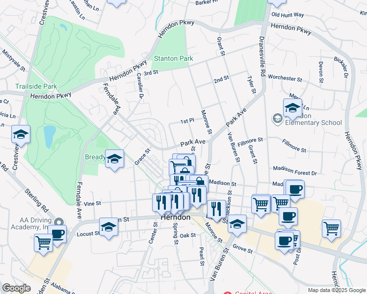 map of restaurants, bars, coffee shops, grocery stores, and more near 855 Park Avenue in Herndon