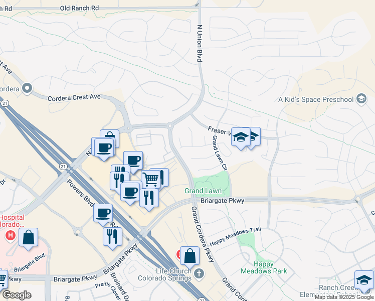 map of restaurants, bars, coffee shops, grocery stores, and more near 4741 Trinidad Lake Ct in Colorado Springs