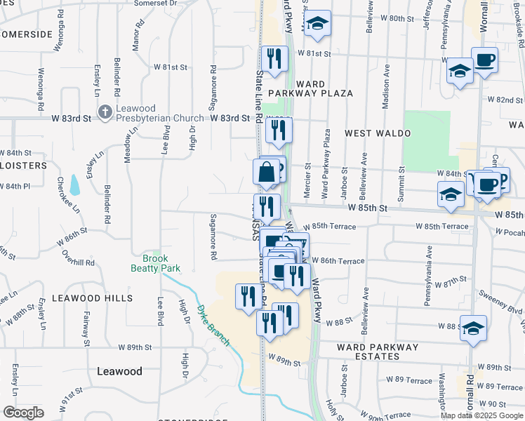 map of restaurants, bars, coffee shops, grocery stores, and more near 8509 State Line Road in Kansas City