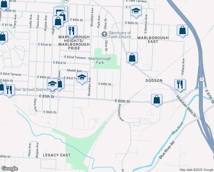 map of restaurants, bars, coffee shops, grocery stores, and more near 8401 Olive Street in Kansas City