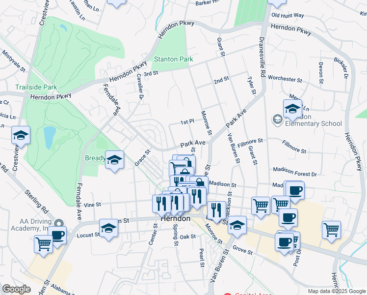 map of restaurants, bars, coffee shops, grocery stores, and more near 855 Park Avenue in Herndon
