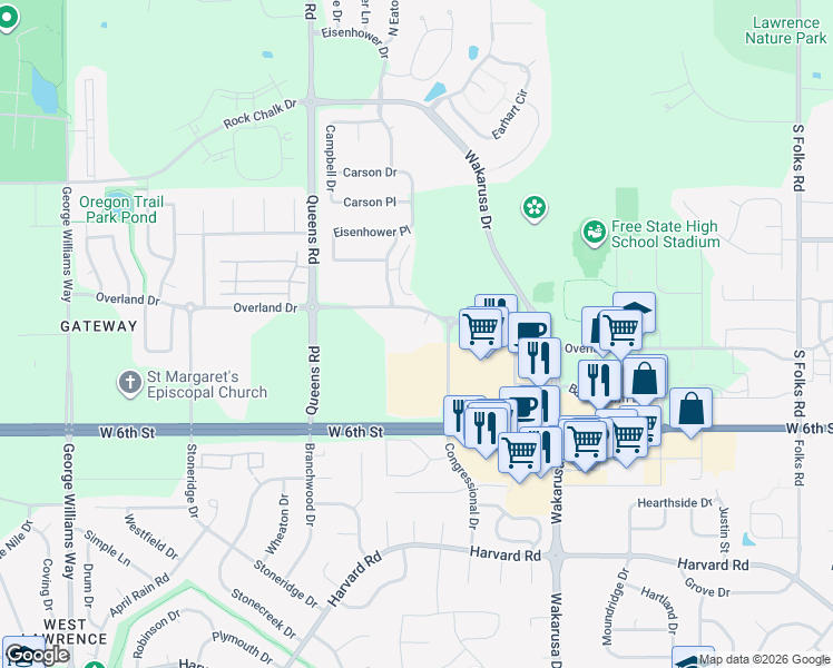 map of restaurants, bars, coffee shops, grocery stores, and more near 5125 Overland Drive in Lawrence