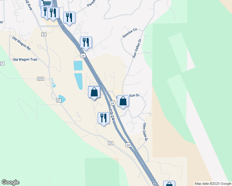 map of restaurants, bars, coffee shops, grocery stores, and more near 18401 U.S. 24 in Woodland Park