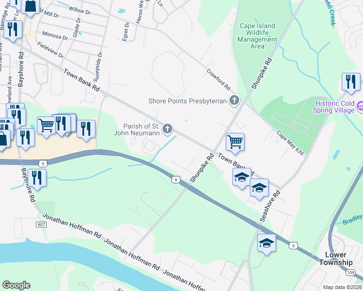 map of restaurants, bars, coffee shops, grocery stores, and more near 688A Town Bank Road in North Cape May