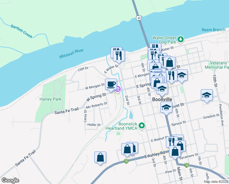 map of restaurants, bars, coffee shops, grocery stores, and more near 1st Street in Boonville