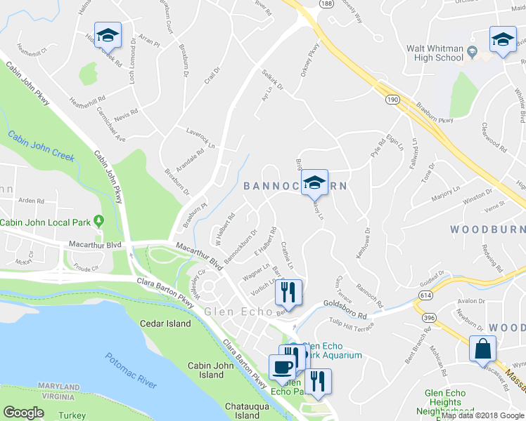 map of restaurants, bars, coffee shops, grocery stores, and more near 6315 Bannockburn Dr in Bethesda