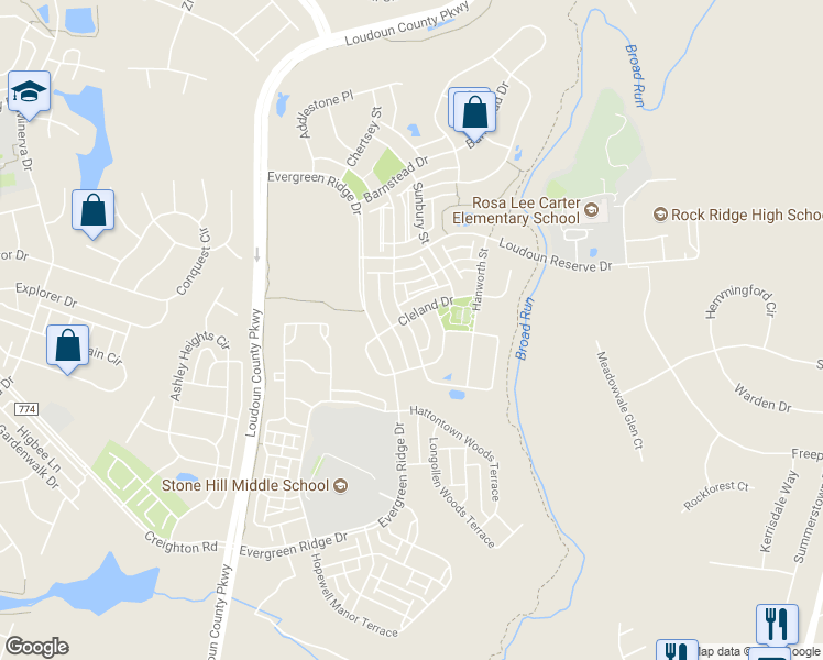 map of restaurants, bars, coffee shops, grocery stores, and more near 23190 Wrathall Drive in Sterling