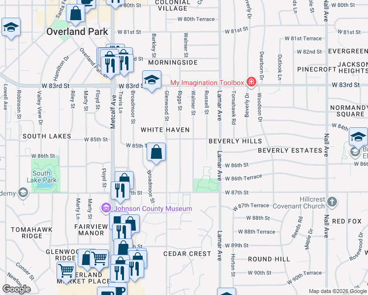 map of restaurants, bars, coffee shops, grocery stores, and more near 8506 Riggs Street in Overland Park