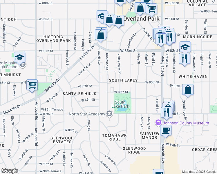 map of restaurants, bars, coffee shops, grocery stores, and more near 8509 Robinson Street in Overland Park