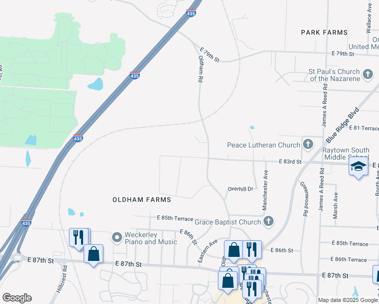 map of restaurants, bars, coffee shops, grocery stores, and more near 7212 East 83rd Street in Kansas City