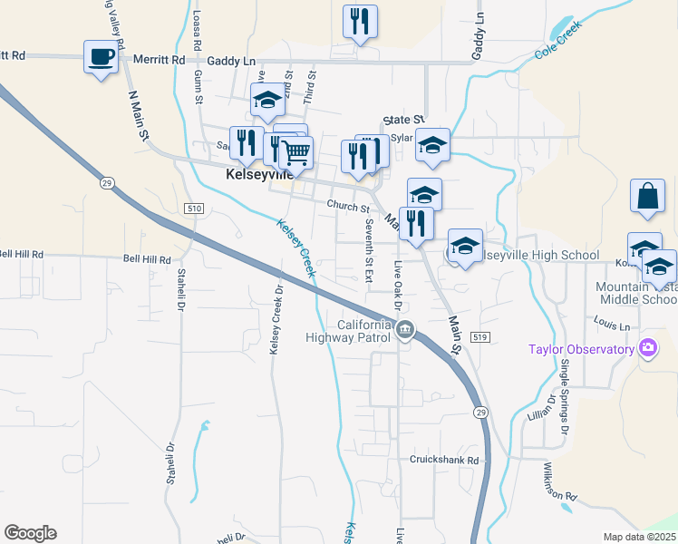 map of restaurants, bars, coffee shops, grocery stores, and more near 5495 5th Street in Kelseyville