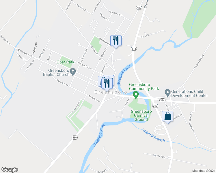 map of restaurants, bars, coffee shops, grocery stores, and more near 109 North Main Street in Greensboro
