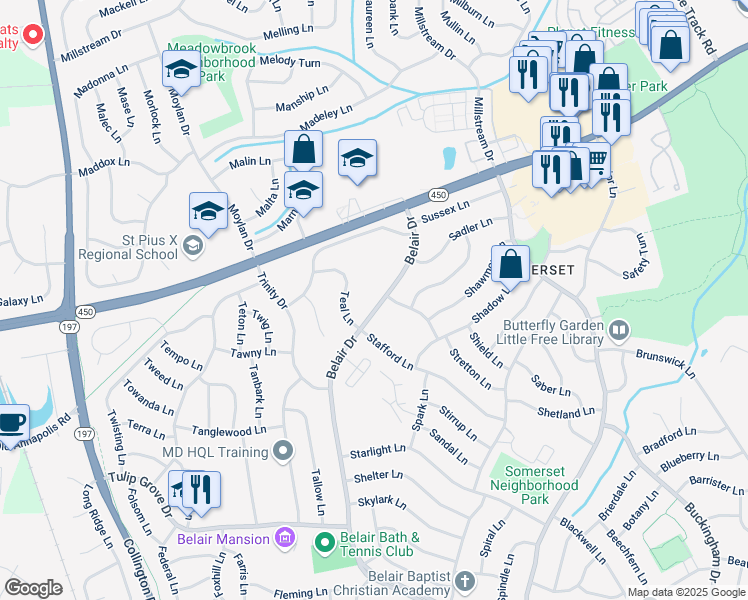 map of restaurants, bars, coffee shops, grocery stores, and more near 3108 Belair Drive in Bowie