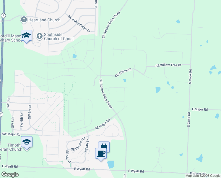 map of restaurants, bars, coffee shops, grocery stores, and more near 800 Southeast Willow Place in Blue Springs