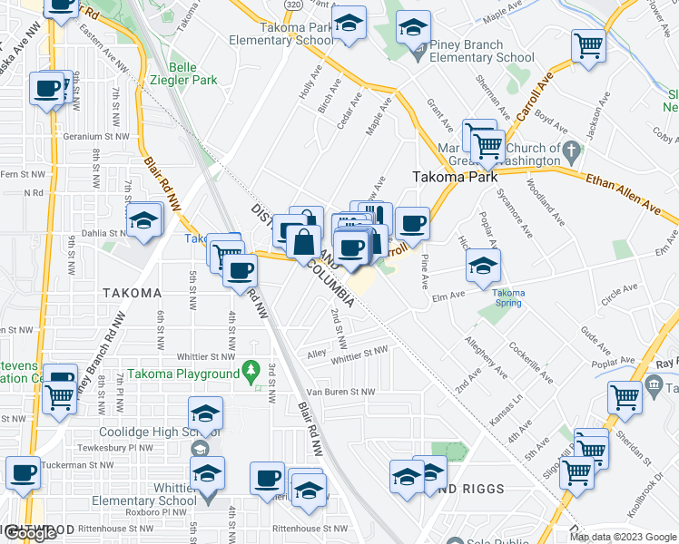 map of restaurants, bars, coffee shops, grocery stores, and more near 6951 Carroll Avenue in Takoma Park