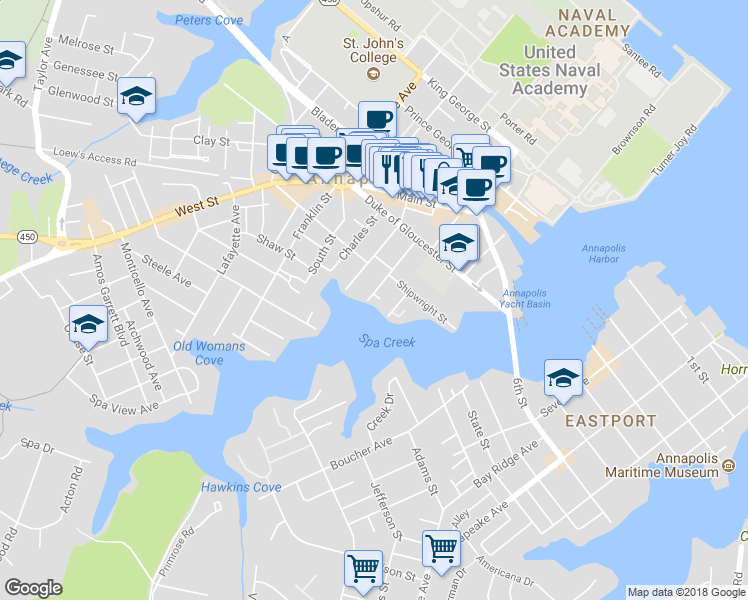 map of restaurants, bars, coffee shops, grocery stores, and more near 5 Market Quay in Annapolis