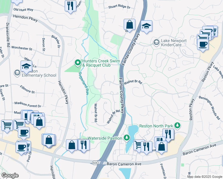 map of restaurants, bars, coffee shops, grocery stores, and more near 12128 Purple Sage Court in Reston