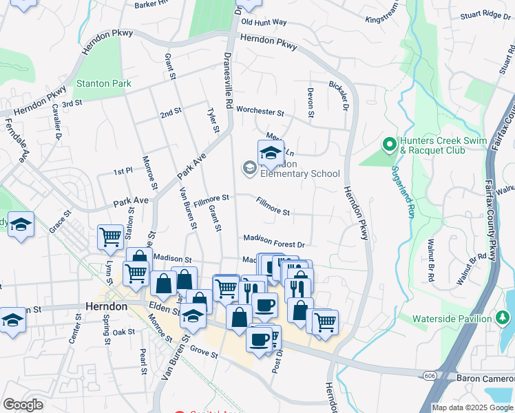 map of restaurants, bars, coffee shops, grocery stores, and more near 519 Fillmore Street in Herndon