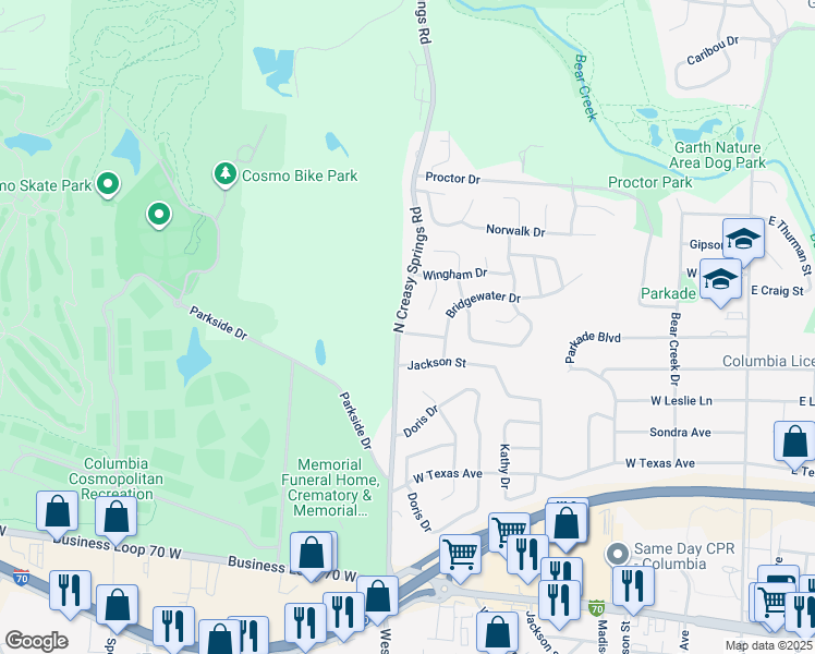 map of restaurants, bars, coffee shops, grocery stores, and more near 911 Remington Drive in Columbia