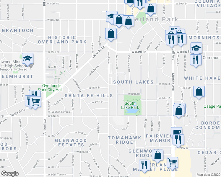 map of restaurants, bars, coffee shops, grocery stores, and more near 8515 Lowell Avenue in Overland Park