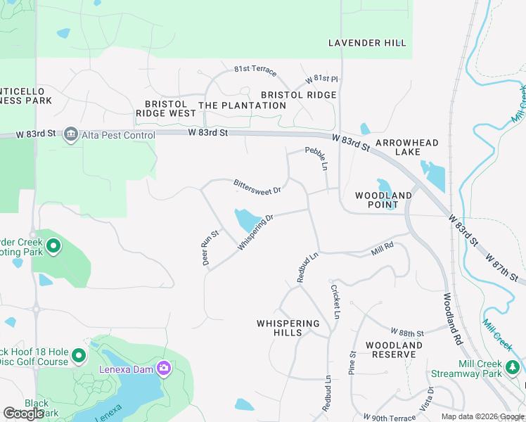 map of restaurants, bars, coffee shops, grocery stores, and more near 21100 Whispering Drive in Lenexa