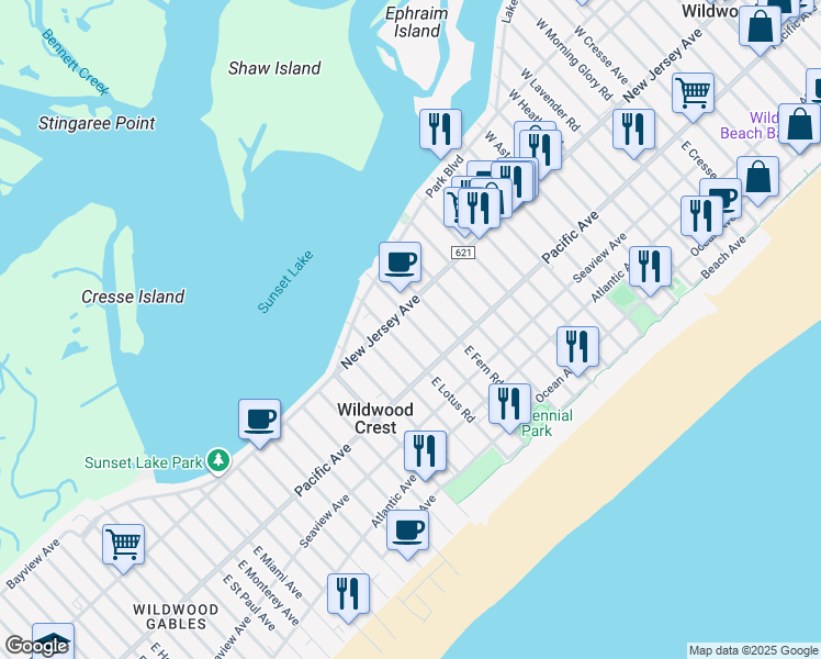 map of restaurants, bars, coffee shops, grocery stores, and more near 115 East Palm Road in Wildwood Crest