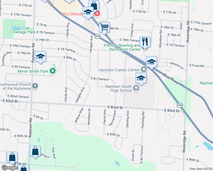 map of restaurants, bars, coffee shops, grocery stores, and more near 10916 East 82nd Street in Raytown