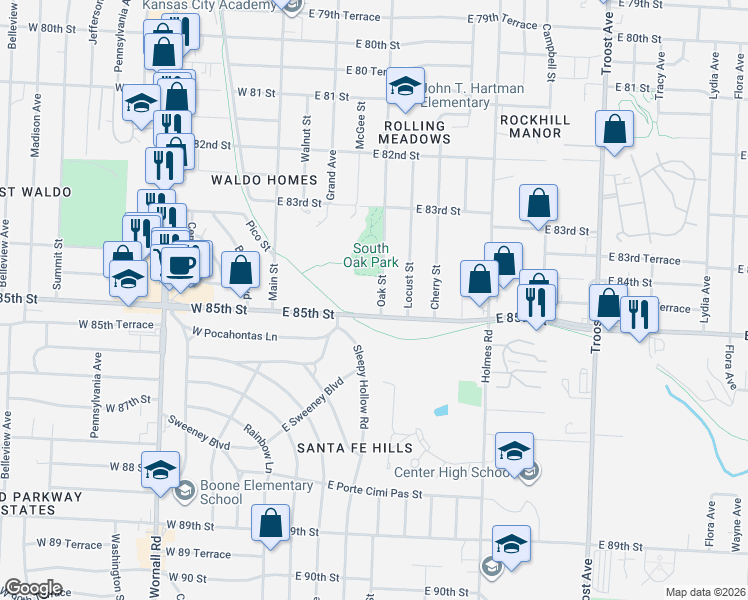 map of restaurants, bars, coffee shops, grocery stores, and more near 8415 Oak Street in Kansas City