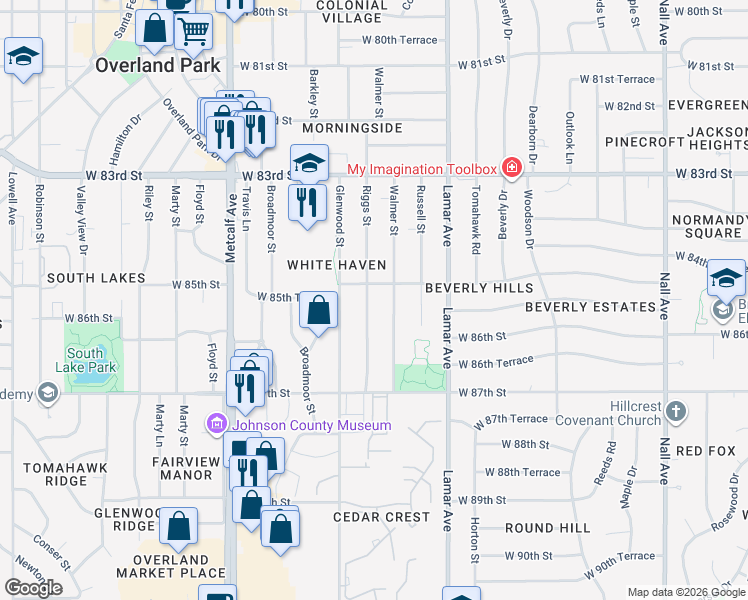 map of restaurants, bars, coffee shops, grocery stores, and more near 8506 Riggs Street in Overland Park