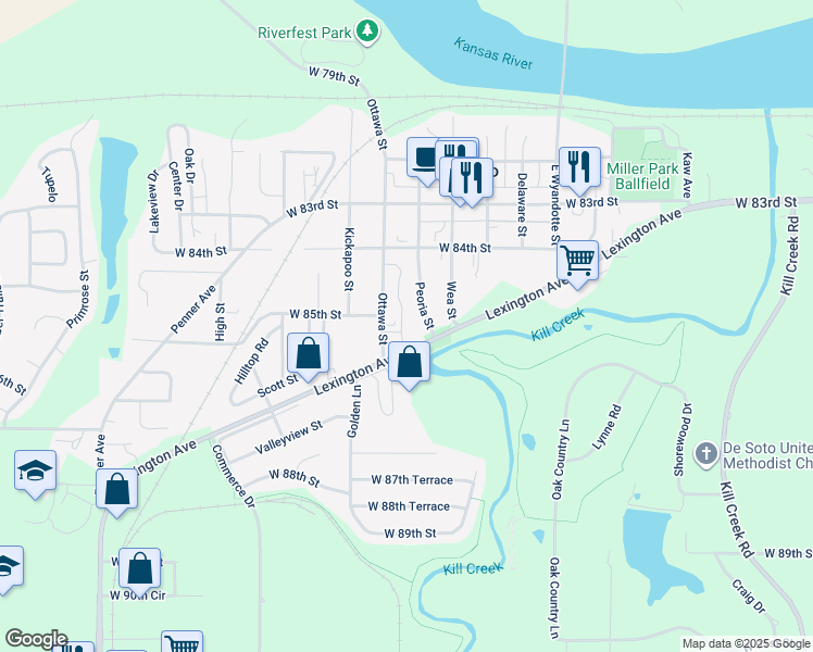 map of restaurants, bars, coffee shops, grocery stores, and more near 8515 Ottawa Street in De Soto