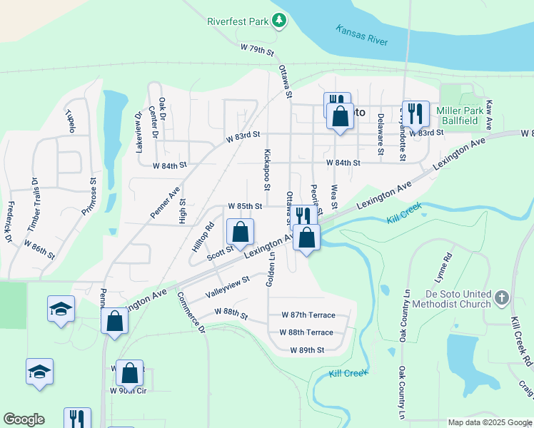 map of restaurants, bars, coffee shops, grocery stores, and more near 33525 West 85th Street in De Soto