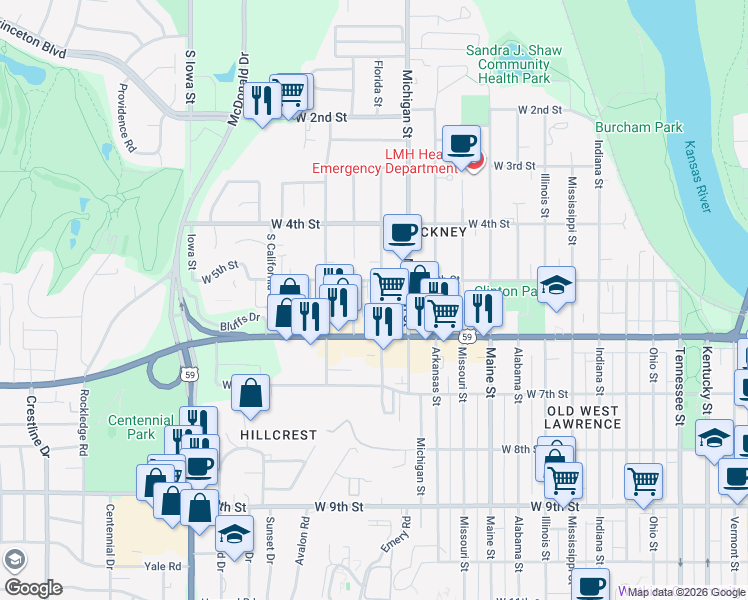 map of restaurants, bars, coffee shops, grocery stores, and more near 512 Minnesota Street in Lawrence