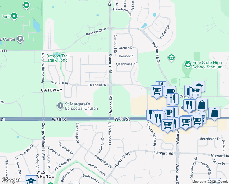 map of restaurants, bars, coffee shops, grocery stores, and more near 5245 Overland Drive in Lawrence