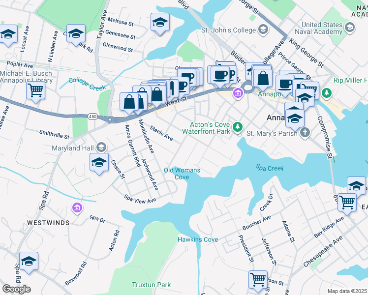 map of restaurants, bars, coffee shops, grocery stores, and more near 111 Lafayette Avenue in Annapolis