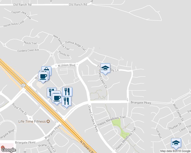 map of restaurants, bars, coffee shops, grocery stores, and more near 4849 Trinidad Lake Court in Colorado Springs
