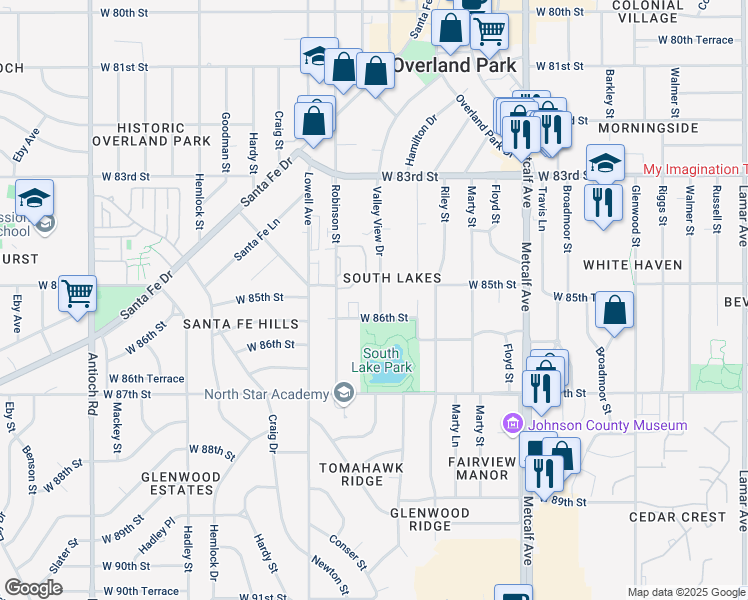 map of restaurants, bars, coffee shops, grocery stores, and more near 8514 Valley View Drive in Overland Park