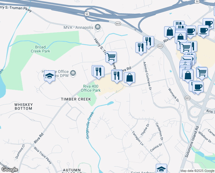 map of restaurants, bars, coffee shops, grocery stores, and more near 2629 Riva Road in Annapolis