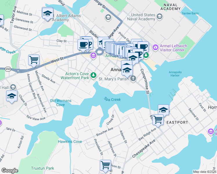 map of restaurants, bars, coffee shops, grocery stores, and more near 5 Market Quay in Annapolis