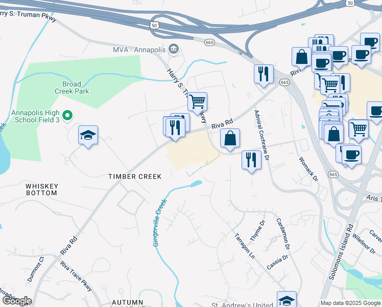 map of restaurants, bars, coffee shops, grocery stores, and more near 2629 Riva Road in Annapolis
