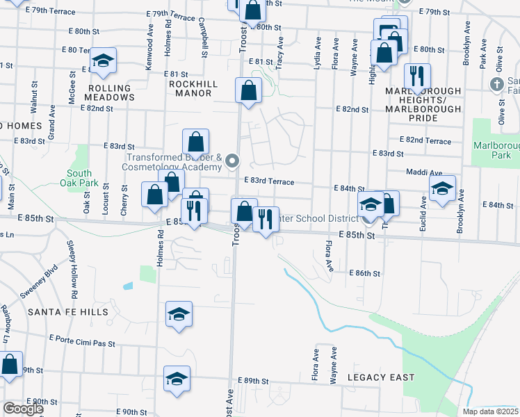 map of restaurants, bars, coffee shops, grocery stores, and more near 1204 East 84th Terrace in Kansas City