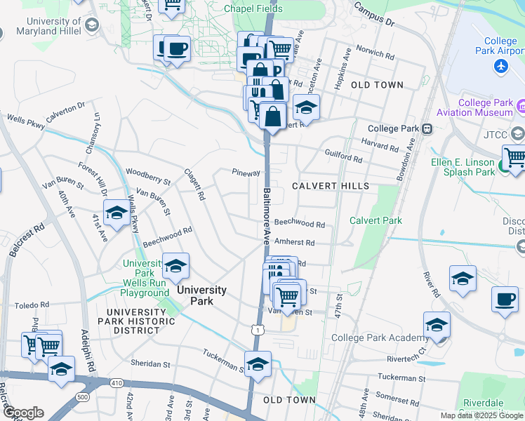 map of restaurants, bars, coffee shops, grocery stores, and more near 6810 Baltimore Avenue in University Park
