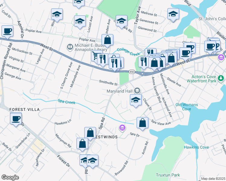 map of restaurants, bars, coffee shops, grocery stores, and more near 914 Spa Road in Annapolis