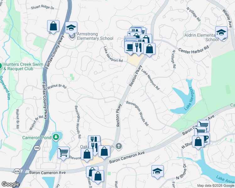 map of restaurants, bars, coffee shops, grocery stores, and more near 1670 Bayfield Way in Reston