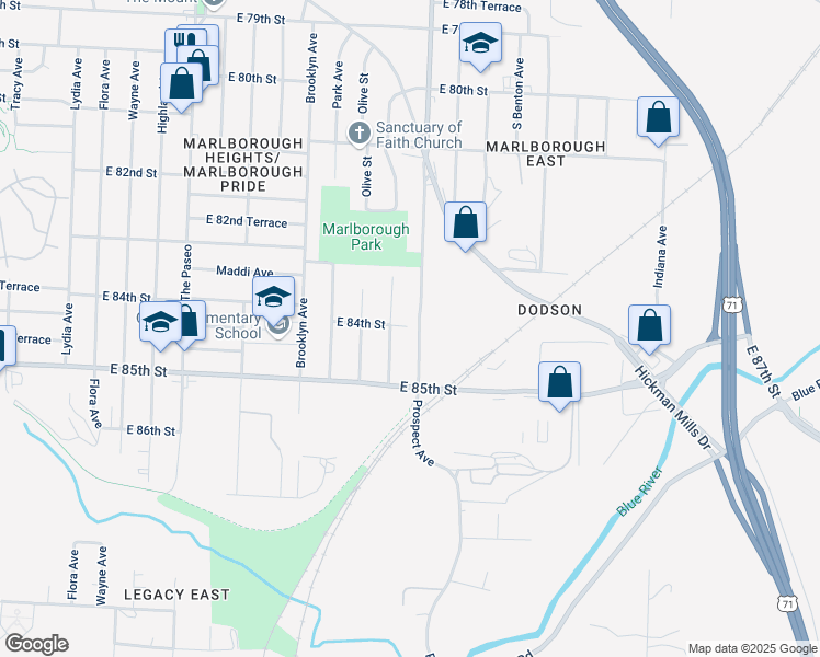 map of restaurants, bars, coffee shops, grocery stores, and more near 8400 Prospect Avenue in Kansas City